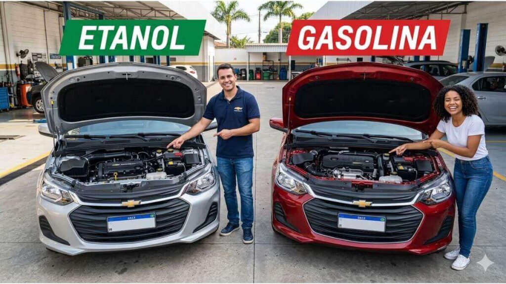 Dois Chevrolet Onix com capô aberto mostrando o motor lada a lado com as marcações ETANOL e GASOLINA e os donos sorrindo e apontando.