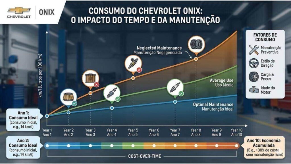 Infográfico profissional comparando o consumo de combustível do Chevrolet Onix ao longo de 10 anos, destacando a economia gerada pela manutenção preventiva versus o gasto com a manutenção negligenciada.