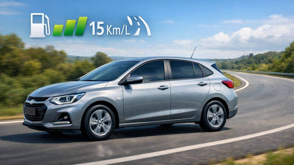 Imagem do Chevrolet Onix moderno em movimento em estrada curva, destacando a lateral do carro e a boca do tanque de combustível, com ícones sutis de consumo de combustível em Km/l.