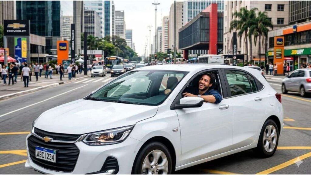 Motorista homem sorrindo e feliz no volante de um Chevrolet Onix moderno branco, dirigindo em uma avenida urbana movimentada (Avenida Paulista, São Paulo), ilustrando a satisfação com a economia de combustível na cidade.