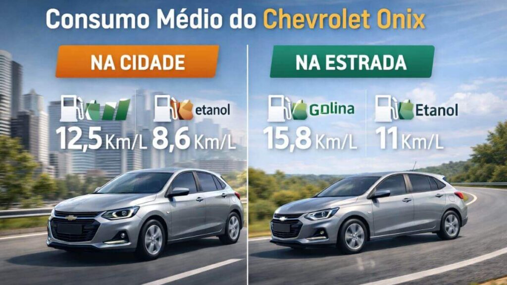 Imagem profissional do Chevrolet Onix moderno mostrando o consumo médio de combustível na cidade e na estrada: Gasolina 12,5 km/l e 15,8 km/l, Etanol 8,6 km/l e 11 km/l, com ícones discretos de Km/l e gráficos estilizados.