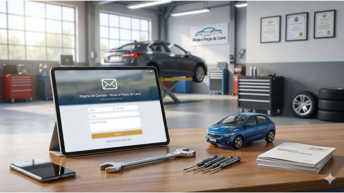 Uma mesa de madeira com ferramentas de mecânica leve, como uma chave de boca e chaves de fenda, ao lado de uma miniatura de Chevrolet Onix azul. Um tablet moderno exibe um formulário de contato de e-mail simbólico. No fundo, uma oficina mecânica organizada e bem iluminada.