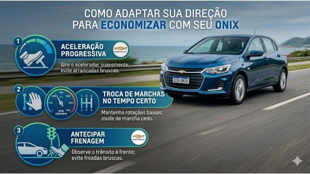 Infográfico sobre direção econômica com Chevrolet Onix azul em movimento na estrada.