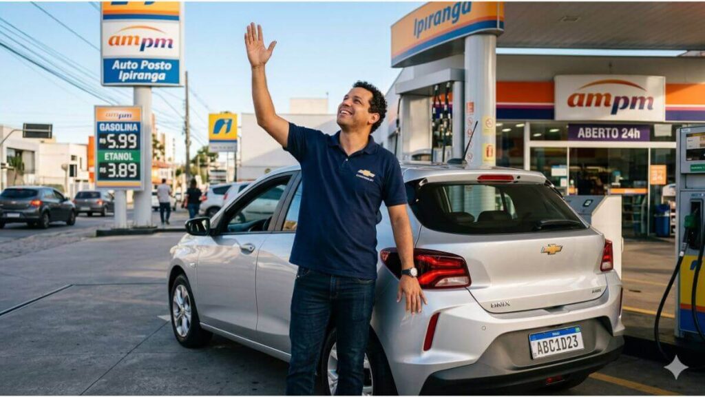 Homem sorrindo e levantando a mão para o céu em um posto Ipiranga com um Chevrolet Onix prata ao lado.