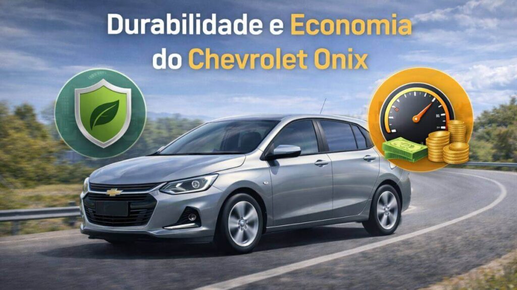 Imagem profissional do Chevrolet Onix moderno em estrada curva, destacando durabilidade e economia. Ícones sutis ilustram eficiência de combustível e economia de custos, mostrando o carro centralizado, lateral visível e boca do tanque corretamente posicionada.