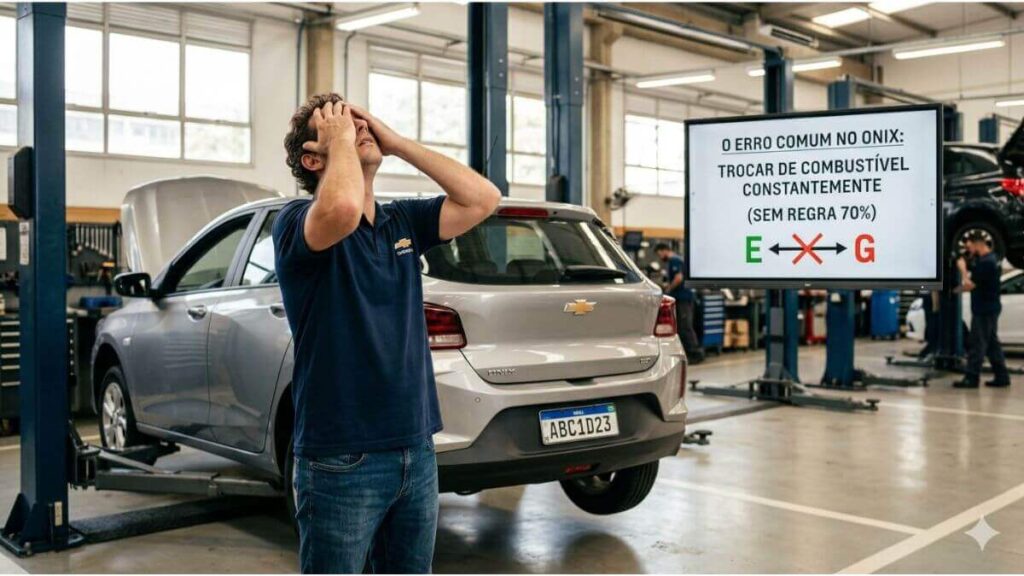 Homem com as mãos na cabeça em sinal de erro à frente de um Onix prata em uma oficina.