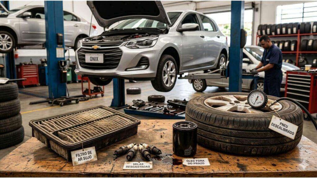 Peças desgastadas como filtro sujo e velas velhas sobre mesa de oficina com Onix ao fundo.