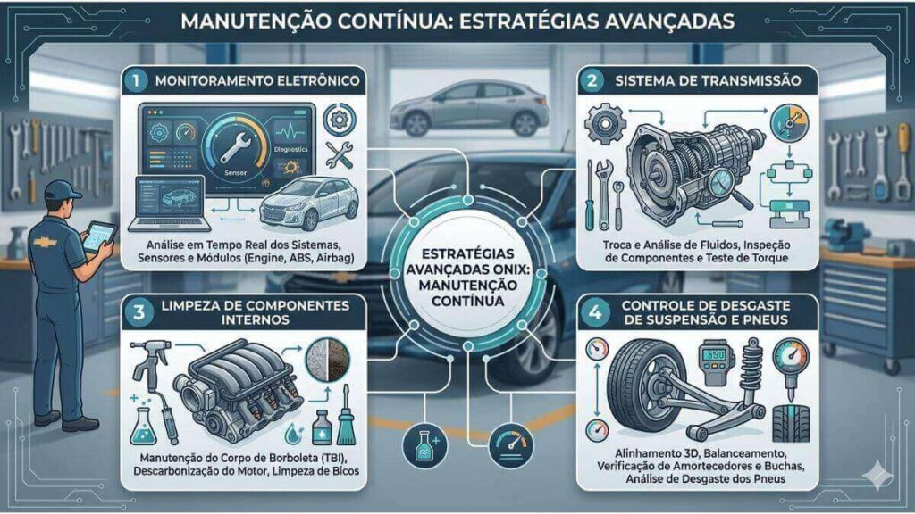 Infográfico profissional sobre estratégias avançadas de manutenção contínua para Chevrolet Onix, com ícones para monitoramento eletrônico, transmissão, limpeza de componentes internos, suspensão e pneus.