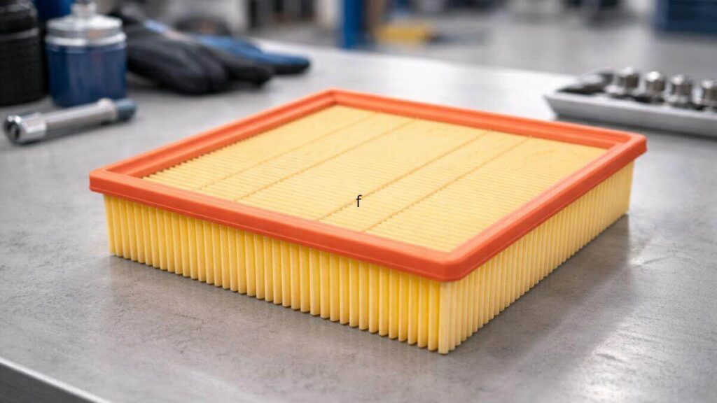 Filtro de ar do motor do Chevrolet Onix novo sobre bancada de oficina automotiva.