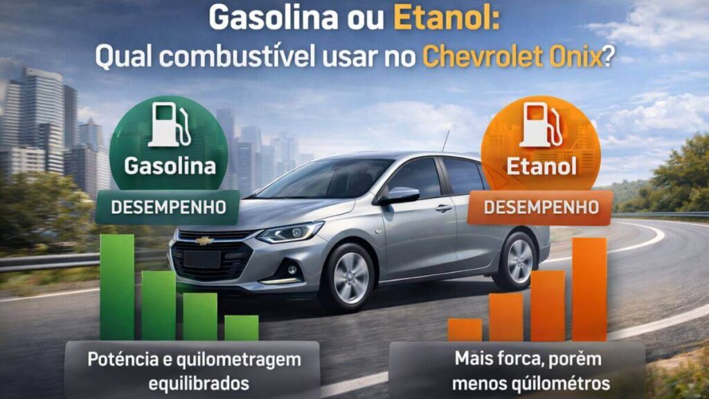 Imagem profissional do Chevrolet Onix moderno mostrando comparativo de desempenho entre gasolina e etanol. Gasolina apresenta potência equilibrada e quilometragem maior, enquanto etanol oferece mais força, mas menor rendimento em Km/l. Ícones e gráficos sutis indicam eficiência de combustível em estrada e cidade.