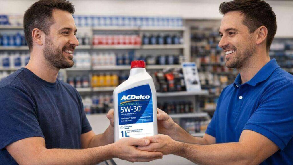 Homem comprando óleo ACDelco 5W30 recomendado para o motor do Chevrolet Onix em loja automotiva organizada