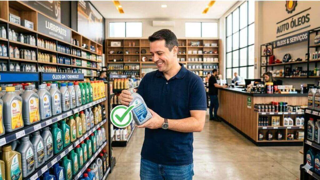 Homem sorrindo escolhe frasco de óleo com sinal de visto verde em loja de autopeças.