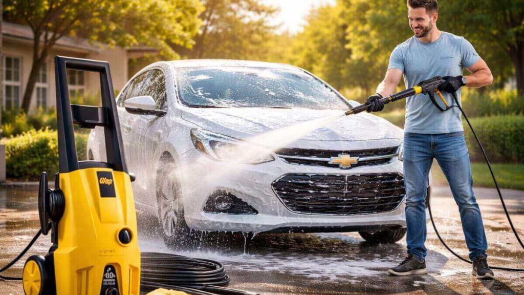 Homem lavando Chevrolet Onix com lavadora de alta pressão em área residencial
