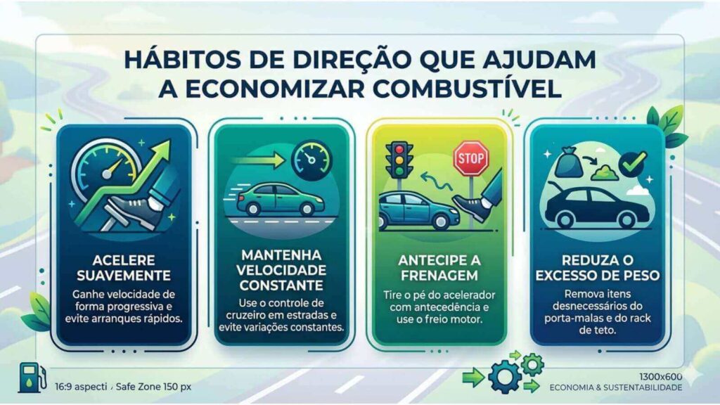 Infográfico profissional com 4 painéis ilustrando hábitos para economizar combustível: acelerar suavemente, manter velocidade, antecipar frenagem e reduzir peso.