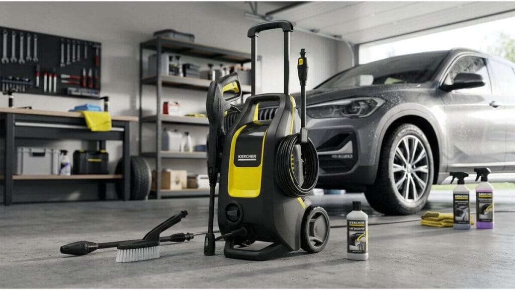 Lavadora de alta pressão Kärcher K3 Force Car amarela e preta em uma garagem ao lado de um carro com acessórios de lavagem automotiva.