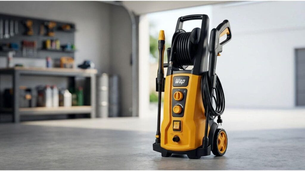 Lavadora de alta pressão WAP Ousada Plus 2200 amarela e preta posicionada no chão de uma garagem.