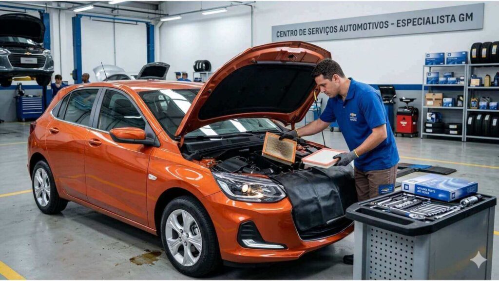 Mecânico em oficina profissional realizando a troca do filtro de ar de um Chevrolet Onix laranja.