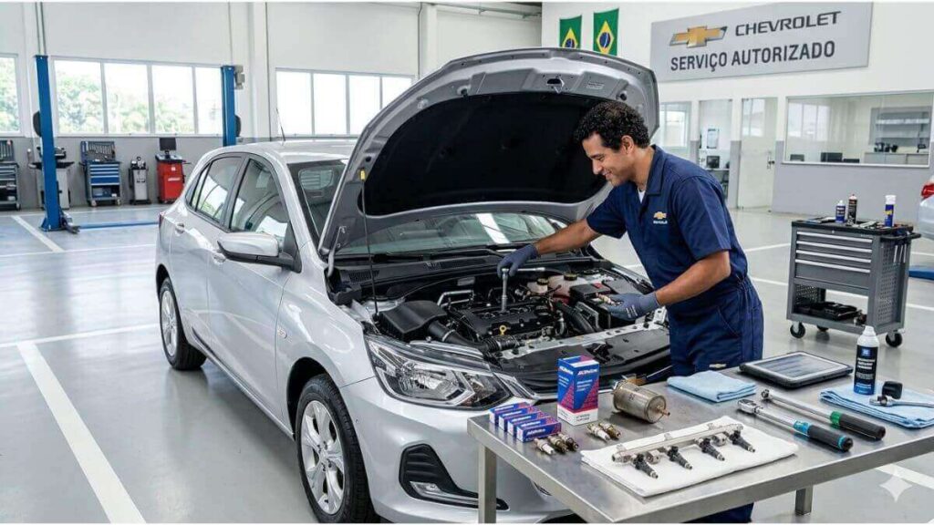 Mecânico com uniforme da Chevrolet realizando manutenção preventiva no motor de um Onix prata com o capô aberto em uma oficina limpa e organizada.