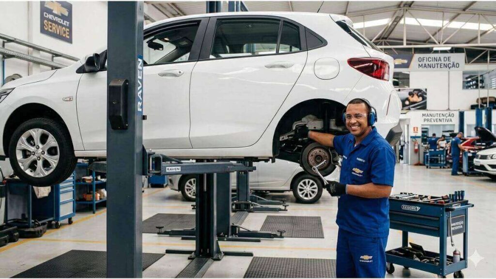 Mecânico sorridente em oficina profissional realizando manutenção preventiva em um Chevrolet Onix branco elevado em um elevador hidráulico.