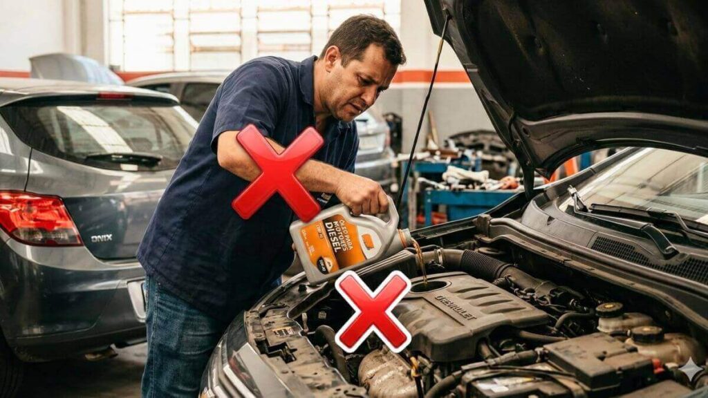 Mecânico colocando óleo diesel em motor Chevrolet com X vermelho indicando erro.