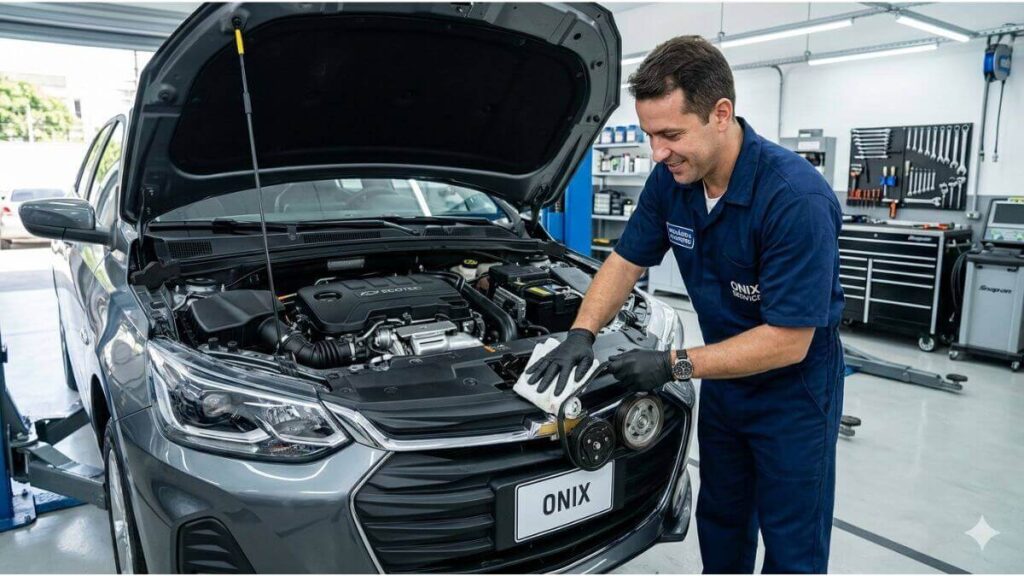 Mecânico com luvas realizando a limpeza das correias de acessórios de um Chevrolet Onix 2026 cinza. O carro está com o capô aberto em uma oficina mecânica moderna, extremamente limpa e organizada, com ferramentas ao fundo.