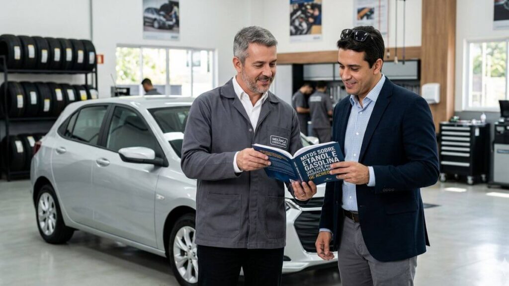 Mecânico bem arrumado mostra livro sobre mitos de etanol e gasolina para cliente em oficina limpa e organizada com um Onix ao fundo.