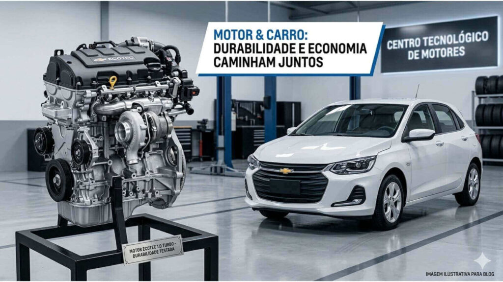 Uma imagem dividida ao meio. Do lado esquerdo, um close-up detalhado e limpo do motor Ecotec de um Chevrolet Onix. Do lado direito, um Chevrolet Onix branco moderno e polido, estacionado em um cenário urbano claro.