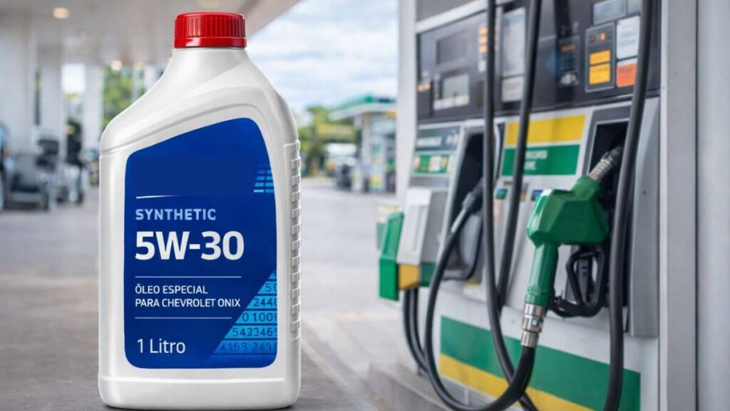 Frasco de óleo sintético ACDAL 5W30 especial para Chevrolet Onix ao lado de bomba de combustível em posto
