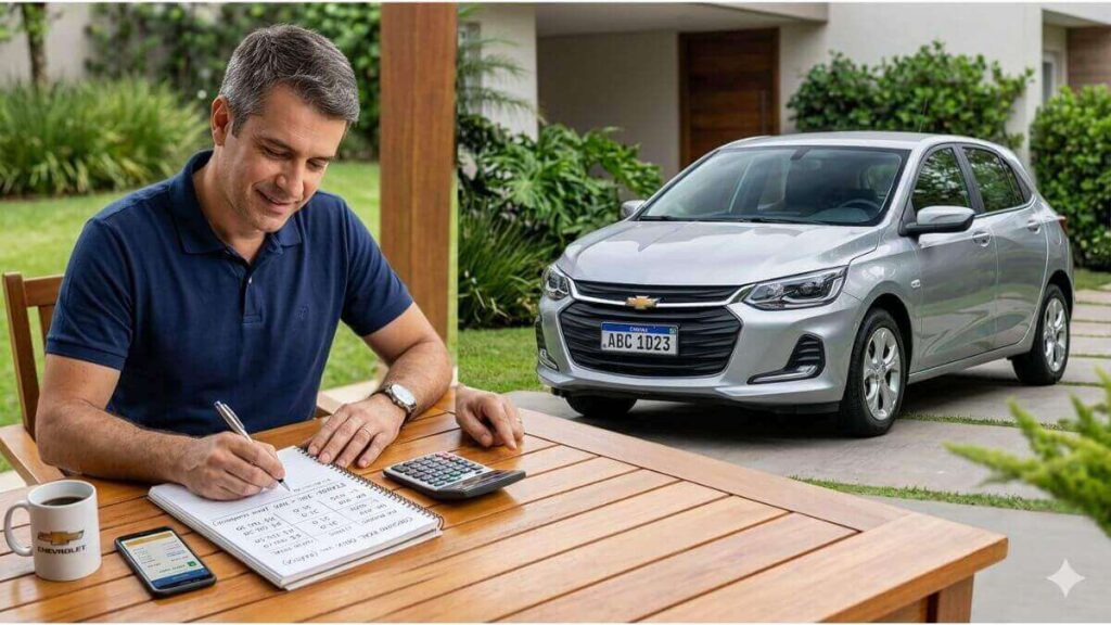 Homem calculando o consumo de etanol e gasolina ao lado de um Chevrolet Onix.