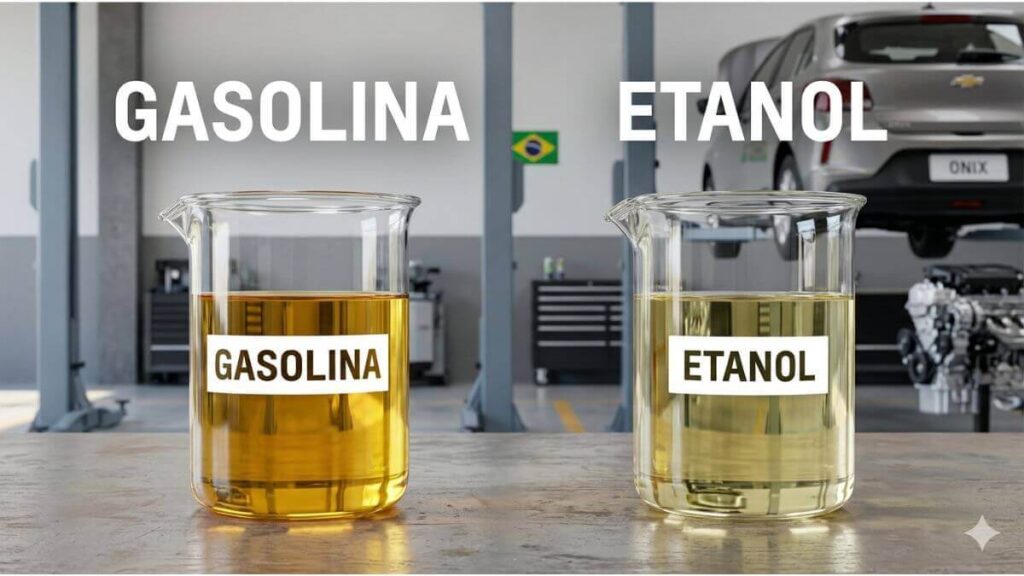 Dois frascos de laboratório com gasolina (amarela) e etanol (clara) sobre mesa de oficina com Chevrolet Onix ao fundo.