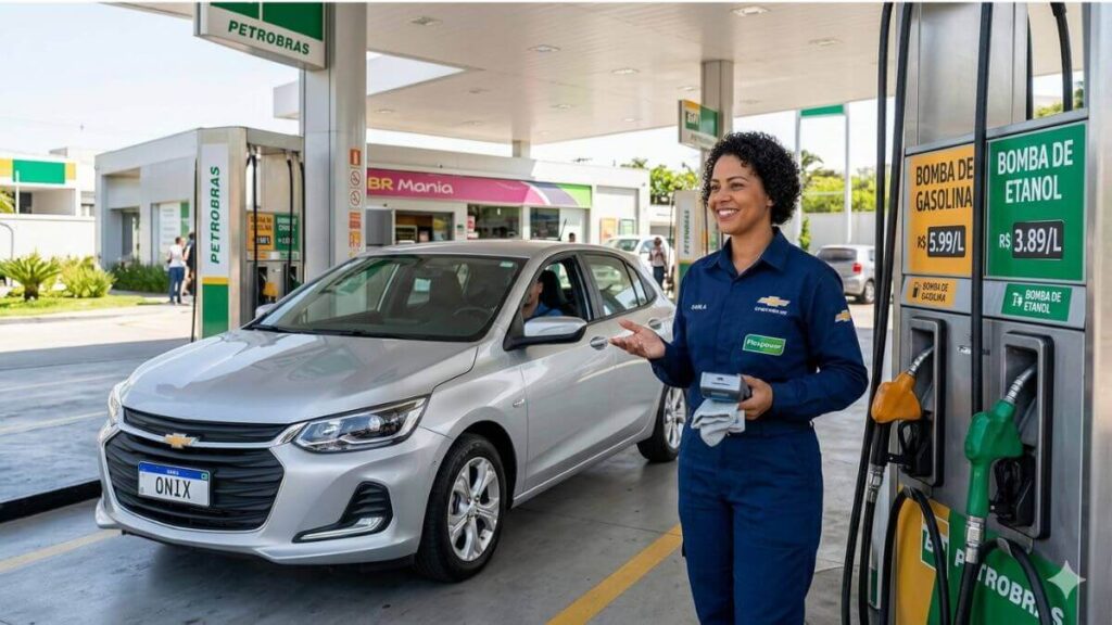 Frentista sorrindo e oferecendo opções de gasolina ou etanol ao lado de um Onix prata em um posto Petrobras.
