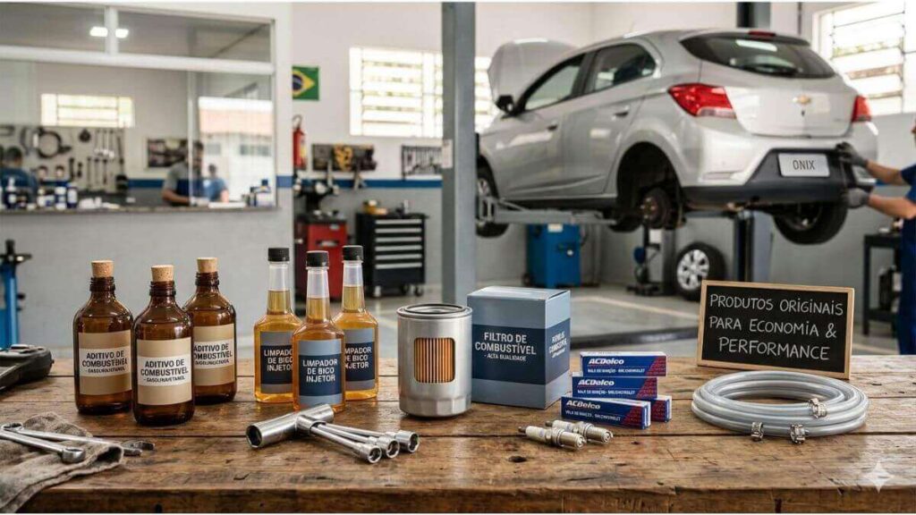 Aditivos, limpadores de bico e filtros sobre mesa de oficina com Onix ao fundo.