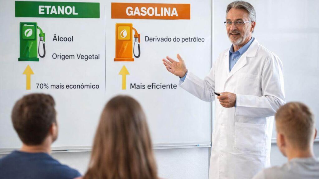 Professor explicando a diferença entre etanol e gasolina em sala de aula com quadro ilustrativo