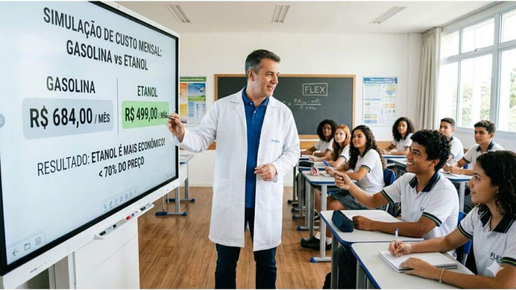 Professor de jaleco branco ensinando alunos a calcular a simulação de custo mensal entre gasolina e etanol, mostrando o resultado no visor digital em uma sala de aula moderna e espaçosa.