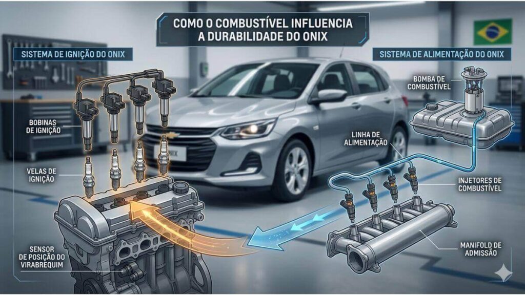 Infográfico técnico mostrando bobinas, velas e sistema de injeção de combustível com um Onix ao fundo.
