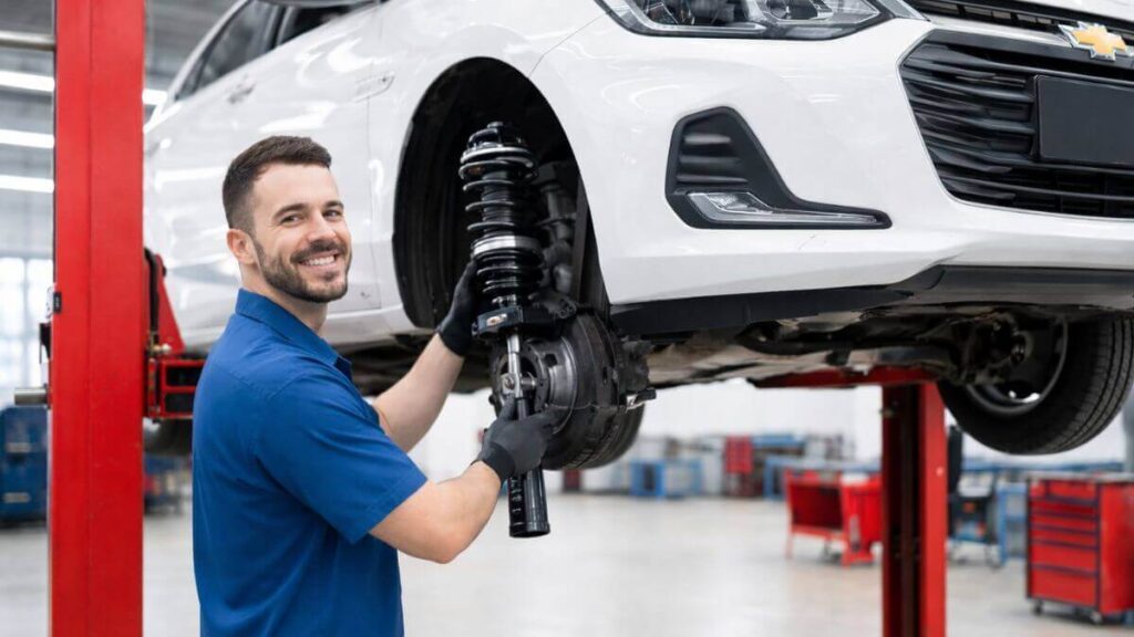 Troca de amortecedor do Chevrolet Onix em oficina mecânica Mecânico trocando o amortecedor dianteiro de um Chevrolet Onix em oficina mecânica com o carro suspenso no elevador