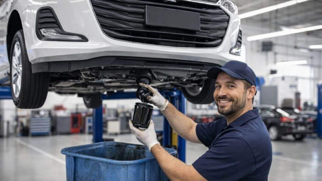 Mecânico trocando o filtro de óleo do motor de um Chevrolet Onix em uma oficina automotiva limpa e organizada.