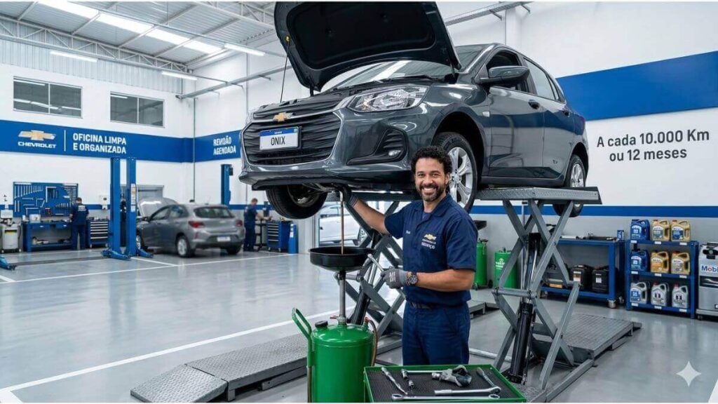 Mecânico sorrindo troca óleo de Chevrolet Onix em elevador com texto sobre intervalo de revisão.