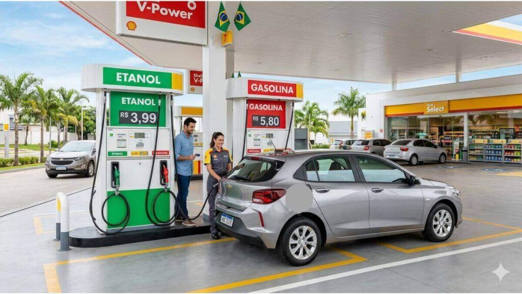 Duas bombas de combustível modernas e limpas, uma de Etanol e uma de Gasolina, em um posto espaçoso e organizado com um Chevrolet Onix sendo abastecido.