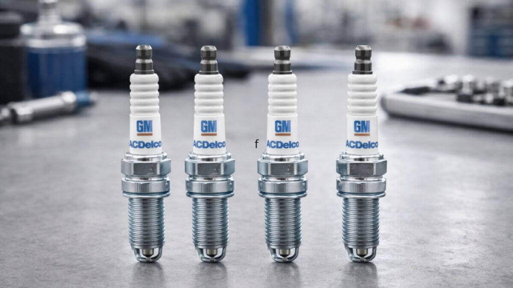 Quatro velas de ignição originais do Chevrolet Onix alinhadas sobre bancada de oficina automotiva.