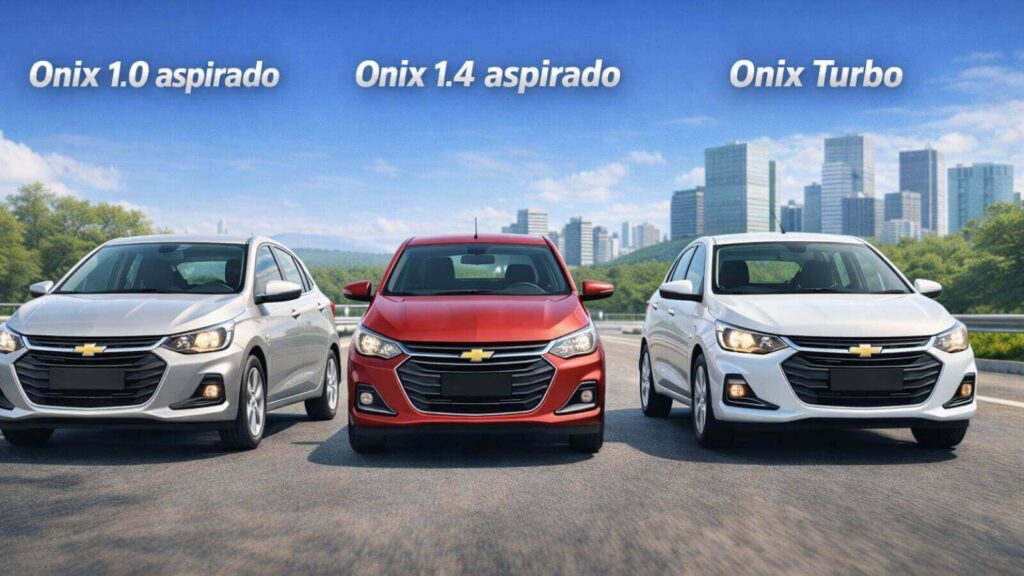 Comparação das versões do Chevrolet Onix 1.0 aspirado, 1.4 aspirado e Onix Turbo lado a lado