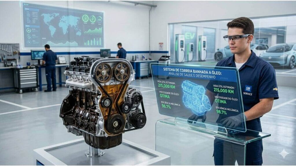 Sistema de correia banhada a óleo em motor moderno sendo analisado digitalmente em oficina tecnológica