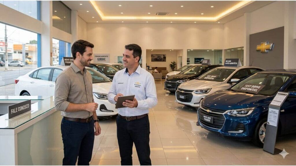 Um cliente conversa com o gerente em uma concessionária Chevrolet, com vários modelos Onix Plus Premier 2026 ao fundo.
