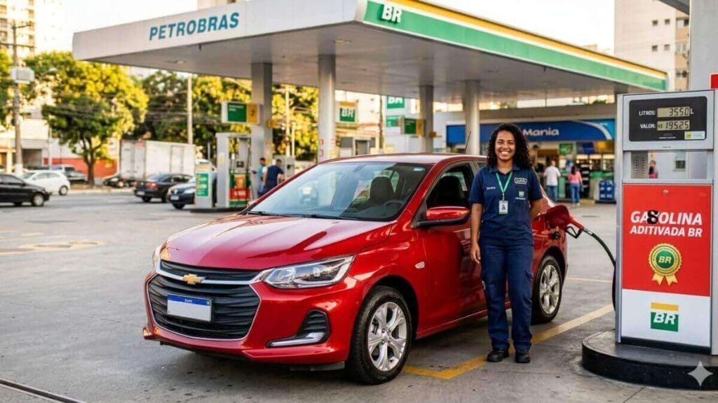 Frentista sorridente abastecendo um Chevrolet Onix vermelho com gasolina de qualidade.