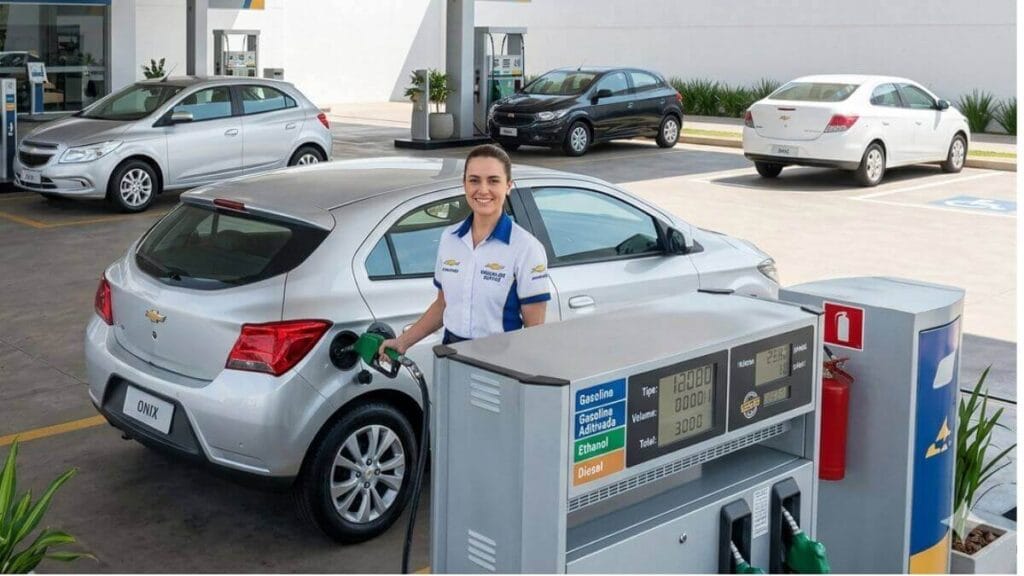 Frentista sorrindo ao abastecer um Chevrolet Onix prateado em um posto de combustível limpo e organizado.