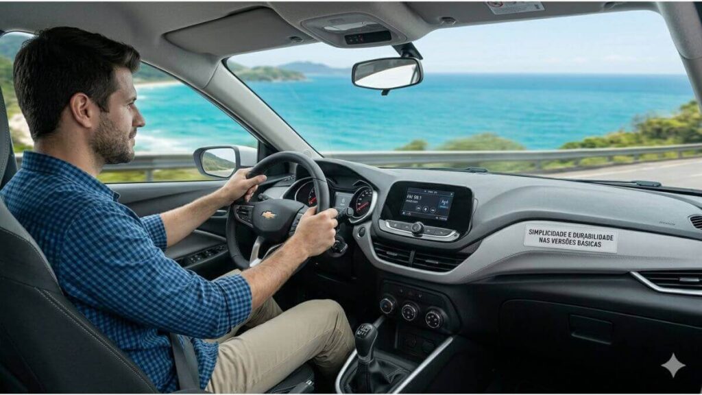 Uma foto profissional e bem iluminada do interior de um Chevrolet Onix Hatch Summit White (modelo 2026), visto de um ângulo médio-baixo entre os bancos traseiros. Um jovem motorista brasileiro (o rapaz da image_24.png, mas com foco) está sentado e dirigindo, com as mãos no volante multifuncional multifunções da image_14.png.