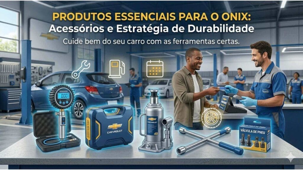 Fotografia profissional em uma oficina mecânica com um display de acessórios sobre uma mesa. Um mecânico sorridente entrega ferramentas a um cliente. Os produtos mostrados incluem medidor de pressão digital, macaco hidráulico, compressor de ar portátil, chave de roda e válvulas de pneu. Acima, o texto: 'PRODUTOS ESSENCIAIS PARA O ONIX: Acessórios e Estratégia de Durabilidade'. Ícones flutuantes de chave inglesa e combustível com brilho azul cercam os produtos.