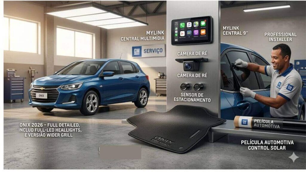 Infográfico profissional em uma oficina GM Service, exibindo um Chevrolet Onix azul de 2026 e diversos acessórios instalados. À direita, um instalador profissional aplica película automotiva. Textos em português indicam: Mylink Central 9", Câmera de Ré, Sensor de Estacionamento, Película Automotiva Control Solar, e Tapete Premium.