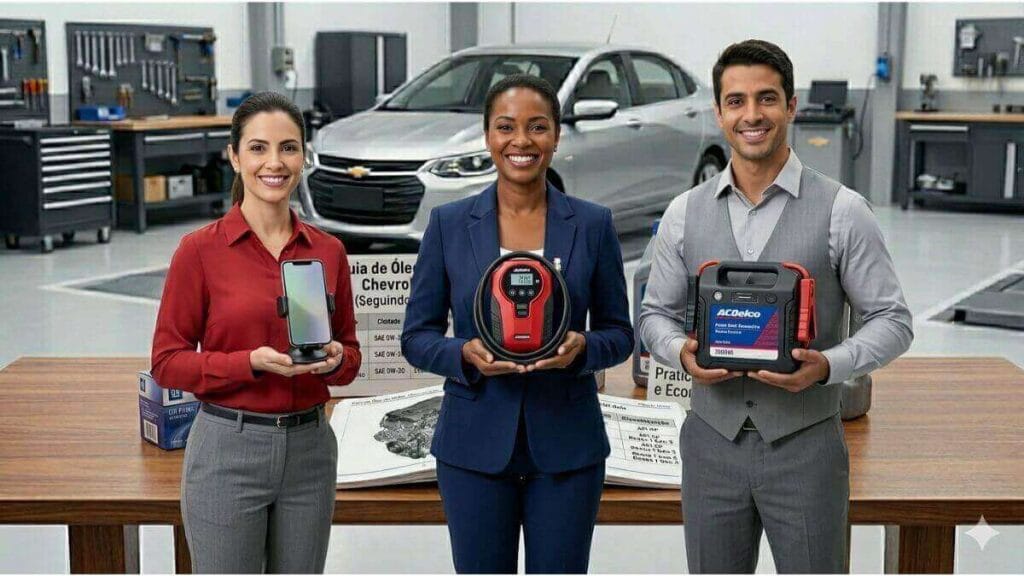 Uma imagem de estúdio ambientada em uma oficina mecânica limpa e organizada. No primeiro plano, sobre uma bancada de madeira, estão dispostos três acessórios: um carregador de bateria ACDelco (vermelho e preto), um suporte universal para smartphone (com um smartphone acoplado) e um calibrador de pressão de pneus portátil com visor digital. Atrás da bancada, um Chevrolet Onix prateado moderno está posicionado em uma estação de serviço.
