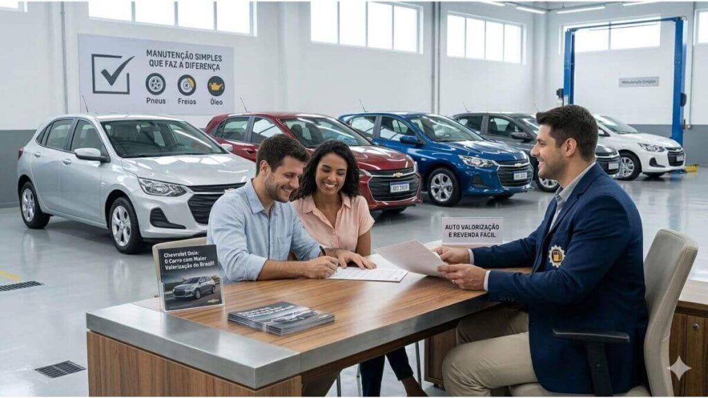 Chevrolet Onix: Exemplo de Alta Valorização e Revenda Fácil. Fotografia profissional em uma concessionária Chevrolet limpa e moderna. No centro, um casal sorridente assina documentos em uma mesa de madeira com um vendedor de terno azul. À esquerda, um display de acrílico mostra a mensagem: "Chevrolet Onix: O Carro com Maior Valorização do Brasil!". No fundo, vários Chevrolet Onix Hatch (prata, vermelho, azul) estão alinhados. Um pôster na parede diz: "Manutenção Simples Que Faz A Diferença".